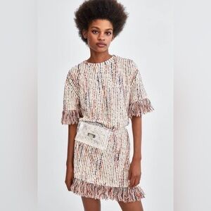 Zara Multicolor Tweed Mini Dress with Fringe